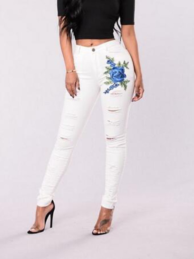  Women's Skinny Skinny / Slim / Jeans Pants - Embroidered White / Sexy