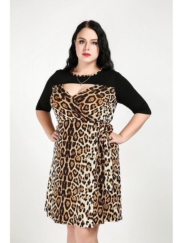  Pentru femei Eliminat Mărime Plus Size Negru Rochie Vintage Toamnă Zilnic Linie A Leopard În V Eliminat XXL XXXL / Bumbac