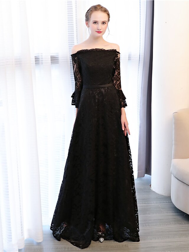  A-Line Off Shoulder Ankle Length Lace Prom / Formal Evening Dress with Sash / Ribbon by LAN TING Express