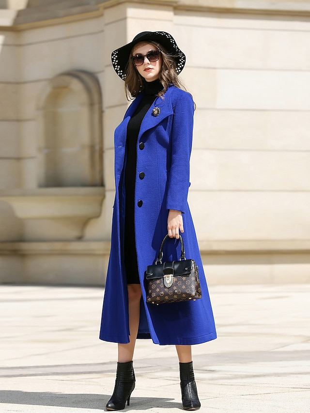  Women's Winter Coat Daily Work Vintage Street chic Long Solid Colored Wool Blue S / M / L