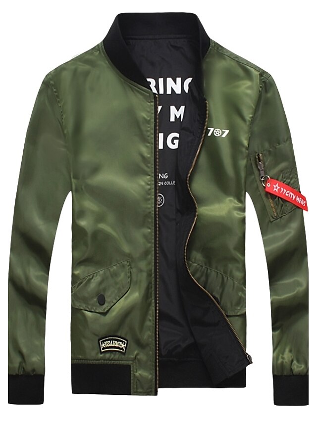  Men's Fall Winter Jacket Daily Plus Size Leisure Stand Regular Print Letter Long Sleeve Black / Army Green