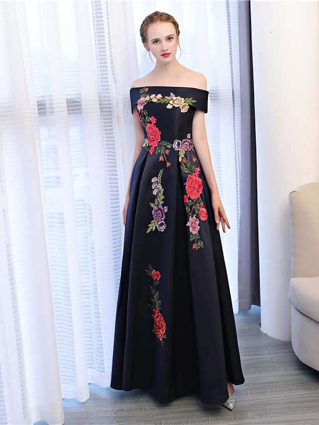  A-Line Floral Dress Wedding Guest Formal Evening Floor Length Sleeveless Off Shoulder Satin with Embroidery Appliques 2024