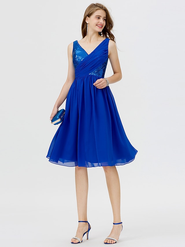  A-Line Cute Dress Cocktail Party Formal Evening Short / Mini Sleeveless V Neck Chiffon with Sequin Side Draping 2024