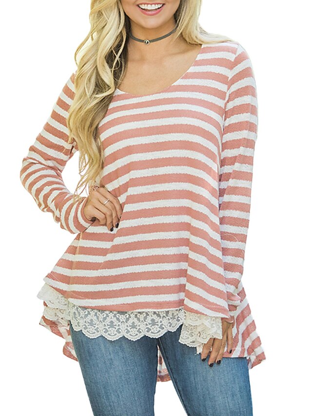  Women's Holiday / Going out Street chic T-shirt - Striped Lace V Neck / Spring / Fall