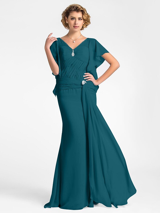 Trumpet/Mermaid V-Neck Ruffle Sleeves Chiffon Mother of the Bride Dress