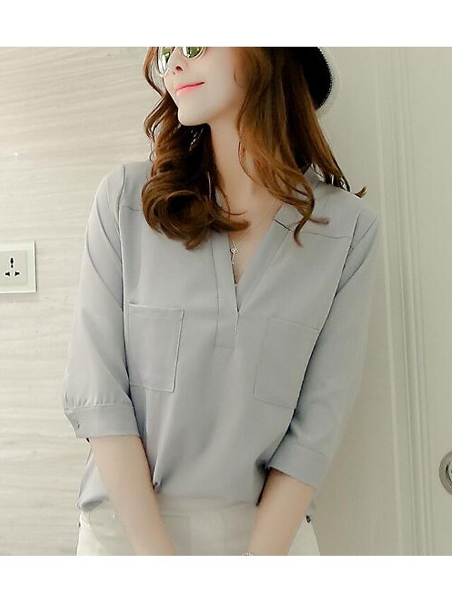  Women's Blouse Solid Colored V Neck Pink Light Blue Gray White Black Daily Going out Clothing Apparel