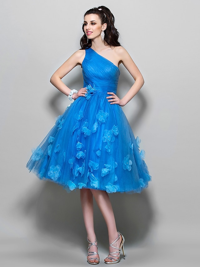 A-Line 1950s Dress Cocktail Party Prom Knee Length Sleeveless One Shoulder Tulle with Ruched Appliques 2023