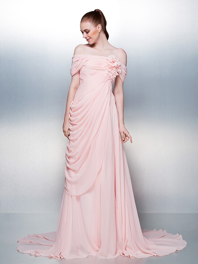  A-Line Off Shoulder Court Train Chiffon Dress with Buttons / Side Draping / Split Front by TS Couture®