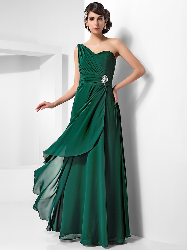  Sheath / Column Open Back Formal Evening Military Ball Dress One Shoulder Sleeveless Floor Length Chiffon with Ruched Crystals Draping 2022