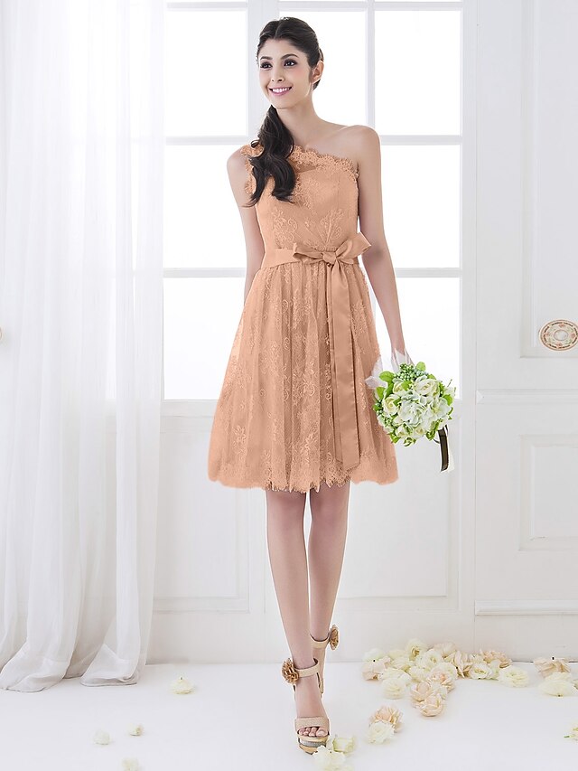 A-Line One Shoulder Knee Length Lace Bridesmaid Dress with Sash / Ribbon