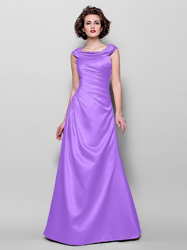  A-Line Mother of the Bride Dress Vintage Inspired Jewel Neck Floor Length Satin Sleeveless with Beading Appliques Side Draping 2022