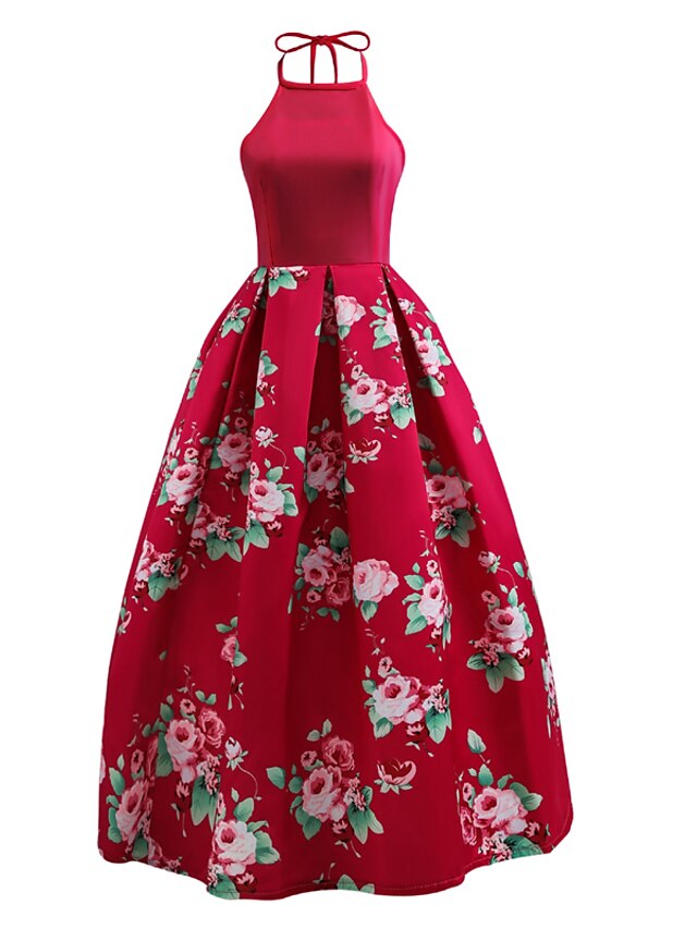  Women's Floral Party Going out Vintage Street chic Swing Dress - Floral Red, Backless Crew Neck Red M L XL