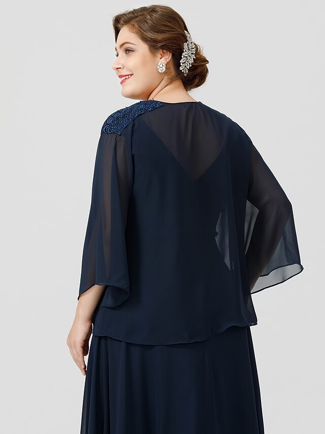 Cicinia Ink Blue Chiffon Mother Of The Bride Dress Plus Size Long A-line Round Neckline Tea Length main image 1