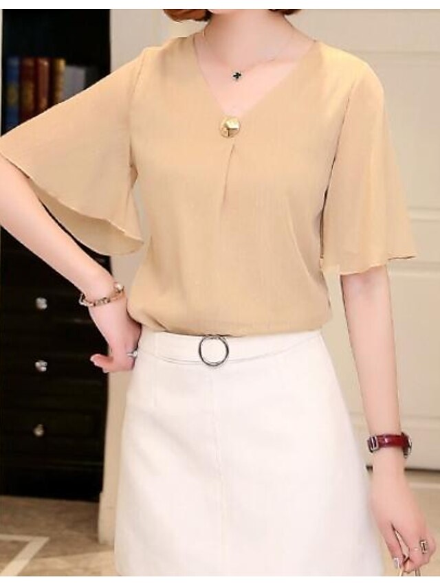  Women's Daily Blouse - Solid Colored V Neck Khaki