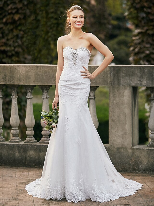  Abiti da sposa A sirena A cuore Senza bretelline Strascico da cappella Di pizzo Abiti da sposa Con Perline Con applique 2023