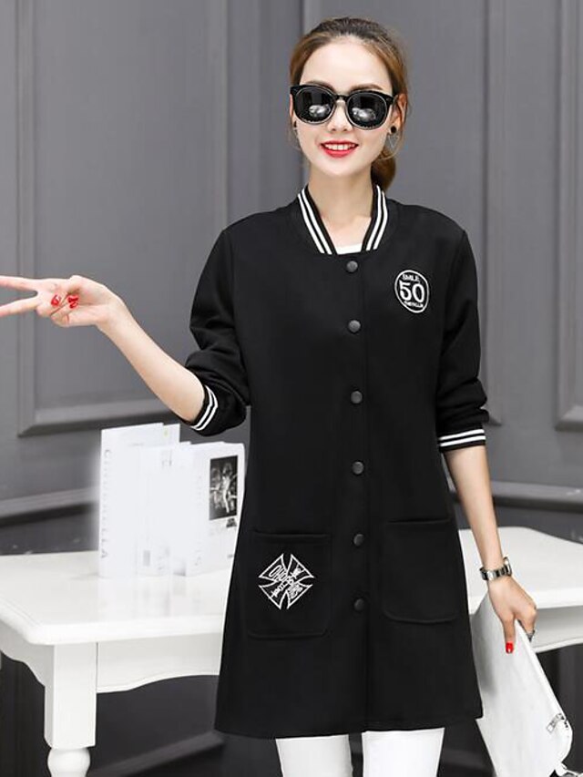  Women's Going out Street chic Fall Jacket,Color Block Letter Round Neck Long Sleeve Regular Others
