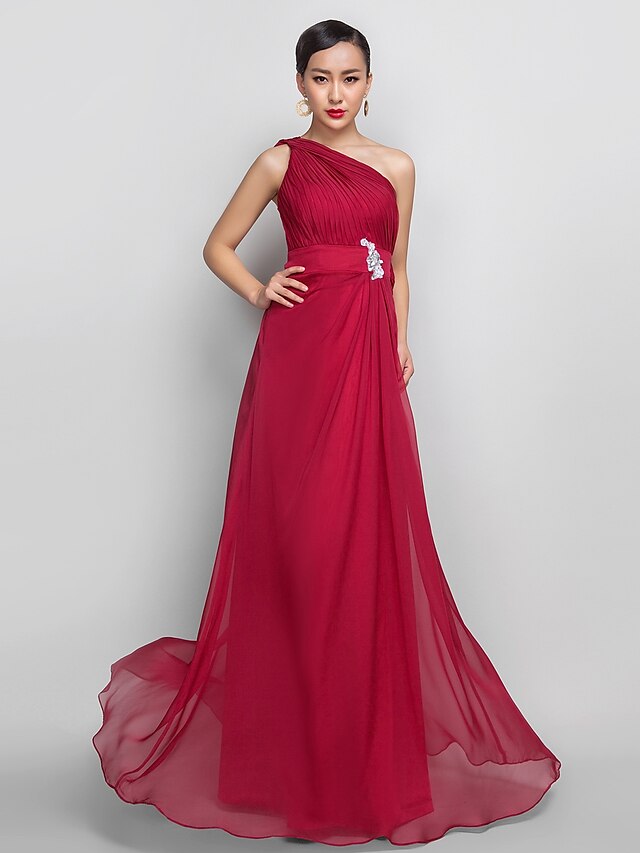 A-Line Open Back Prom Formal Evening Dress One Shoulder Sleeveless Floor Length Chiffon with Appliques Side Draping 2021