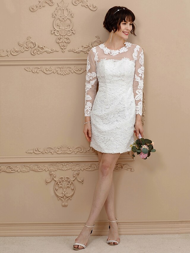  Sheath / Column Jewel Neck Short / Mini Lace Made-To-Measure Wedding Dresses with Beading / Appliques by / Illusion Sleeve / Little White Dress / See-Through