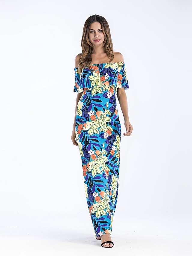  Women's Off Shoulder Party / Club Maxi Sheath Dress - Floral Boat Neck All Seasons Blue M L XL