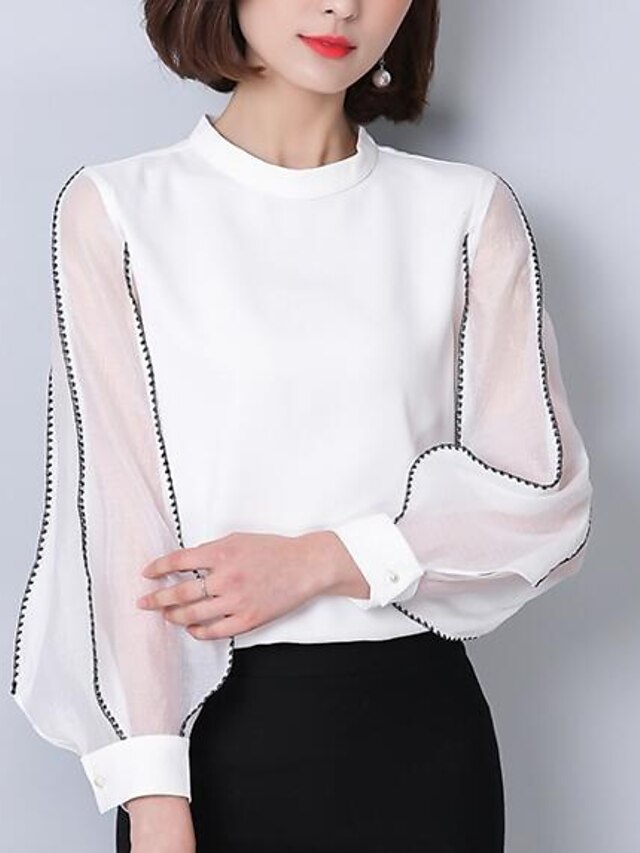 Women's Shirt Solid Colored Beaded Embroidered Long Sleeve Daily Tops Crew Neck White Black / Going out