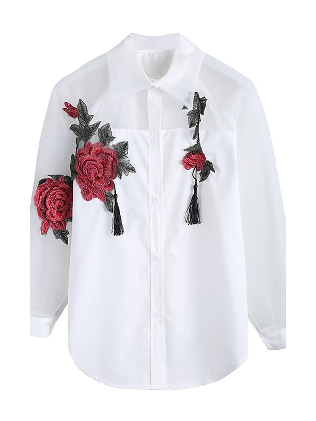  Women's Daily Going out Street chic Shirt - Embroidery Embroidered / Tassel Fringe Shirt Collar White