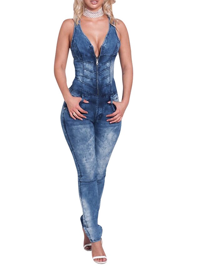  Dames Jumpsuit Denim Effen Overhemdkraag Feestdagen Uitgaan Mager Mager Mouwloos blauw S M L Lente