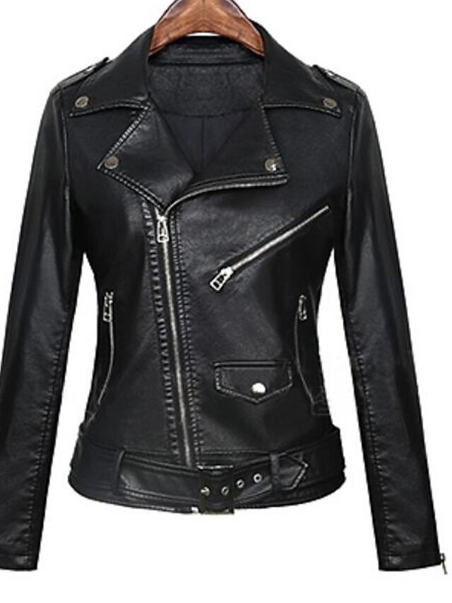  Women's Faux Leather Jacket Daily Fall Short Coat Notch lapel collar Regular Fit Streetwear Jacket Long Sleeve Solid Colored Black