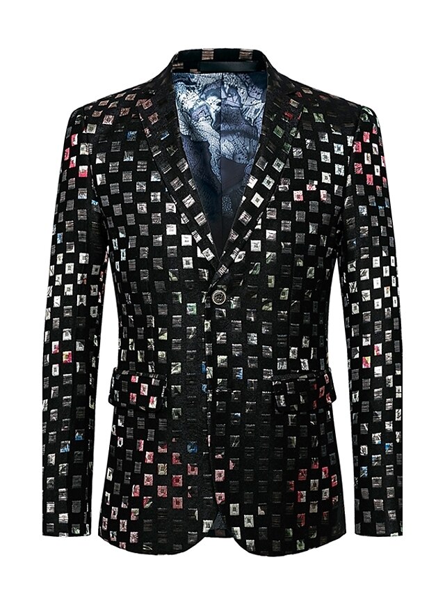  Men's Notch lapel collar Blazer Regular Shine Party Going out Club Active Sophisticated Fall Winter Print Long Sleeve Black M / L / XL / Slim