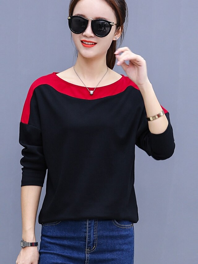 Damen T Shirt Farbblock Rundhalsausschnitt Rote Weiß Schwarz Übergröße Täglich Bekleidung Baumwolle Strassenmode / Langarm
