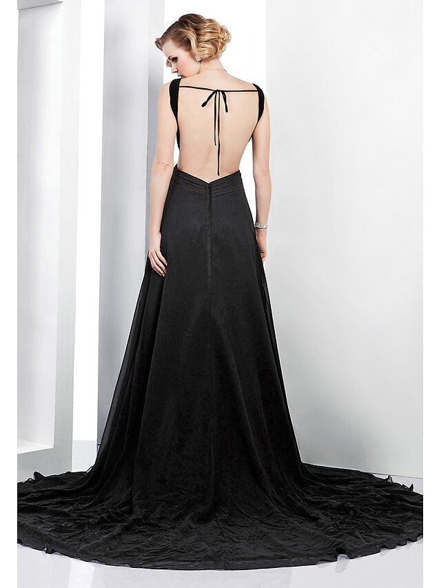  A-Line Beautiful Back Formal Evening Dress Plunging Neck Sleeveless Court Train Chiffon with Side Draping 2022