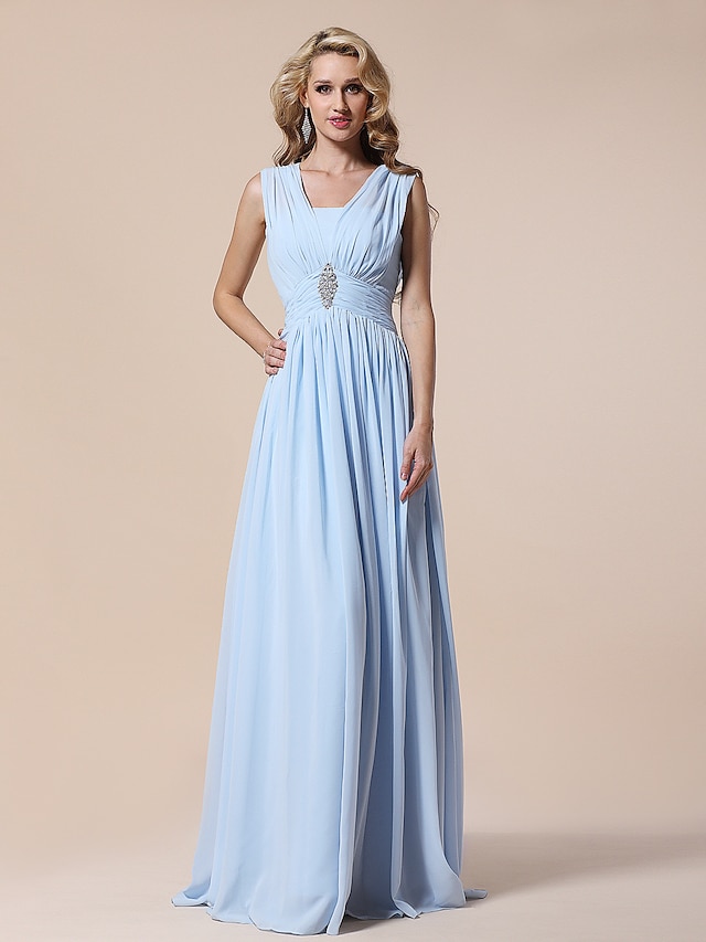  Sheath / Column Elegant Dress Prom Formal Evening Floor Length Sleeveless V Neck Chiffon with Pleats Draping Crystal Brooch 2023