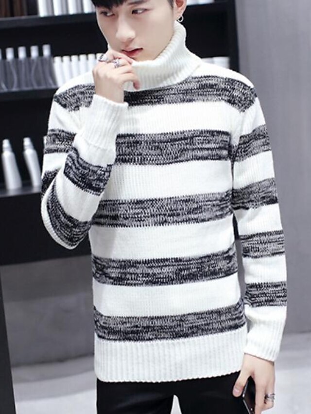  Men's Striped Pullover Long Sleeve Regular Sweater Cardigans Turtleneck Fall White Black
