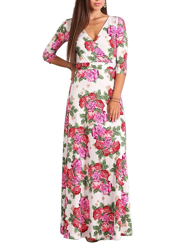  Damen Festtage / Ausgehen Retro / Boho Hülle / Swing Kleid - Gefaltet, Blumen Maxi V-Ausschnitt Hohe Hüfthöhe / Frühling / Herbst