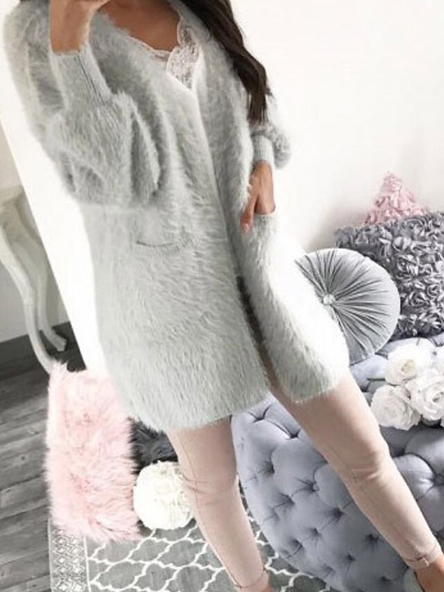  Women's Daily Street chic Solid Colored Long Sleeve Long Cardigan Sweater Jumper, V Neck Fall / Winter Gray / Khaki S / M / L