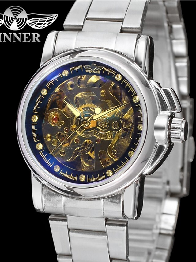  WINNER Herrn Uhr Armbanduhr Mechanische Uhr Automatikaufzug Edelstahl Silber 30 m Transparentes Ziffernblatt Analog Retro Freizeit Schwarz