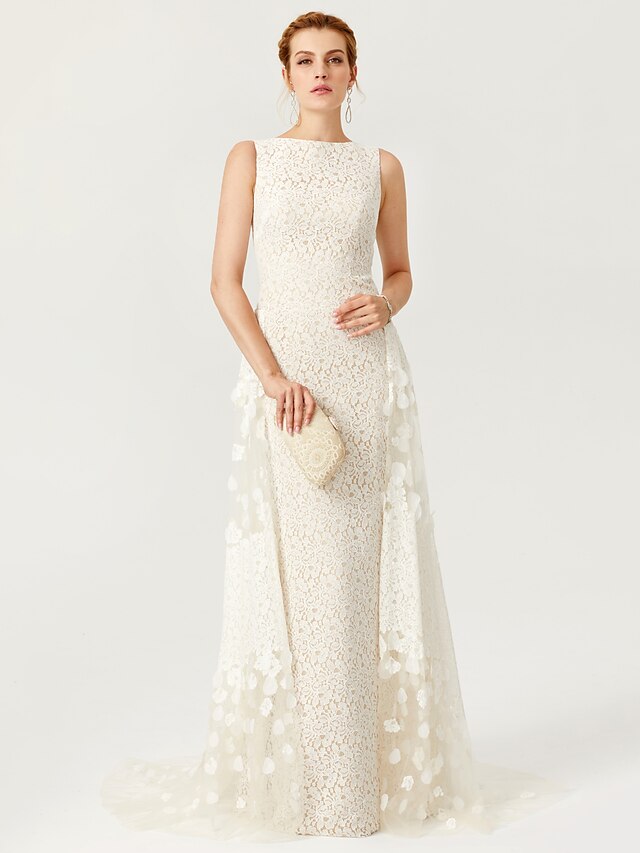  Ball Gown See Through Dress Holiday Cocktail Party Sweep / Brush Train Sleeveless Bateau Neck All Over Lace with Lace Pleats Appliques 2023
