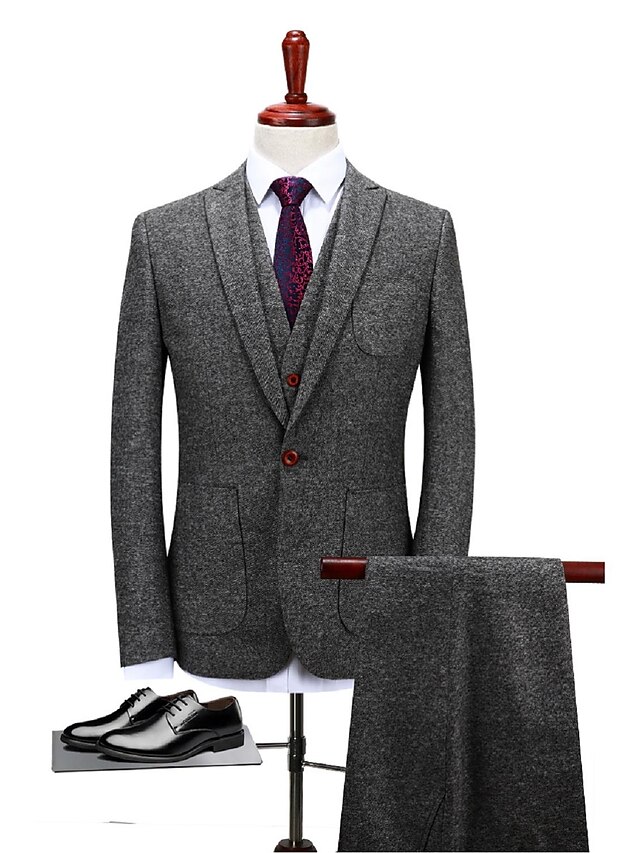  Gray Solid Colored Standard Fit Polyester Suit - Notch / Turndown Single Breasted One-button