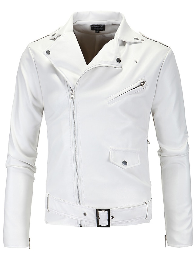  Men's Faux Leather Jacket Short Coat White Black Daily Streetwear Fall V Neck Slim S M L XL XXL 3XL / Winter / Long Sleeve / Punk & Gothic