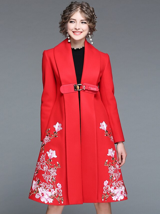  نسائي أحمر M L XL معطف طويلة أناقة الشارع طباعة زهور فرو / مطرز مناسب للخارج