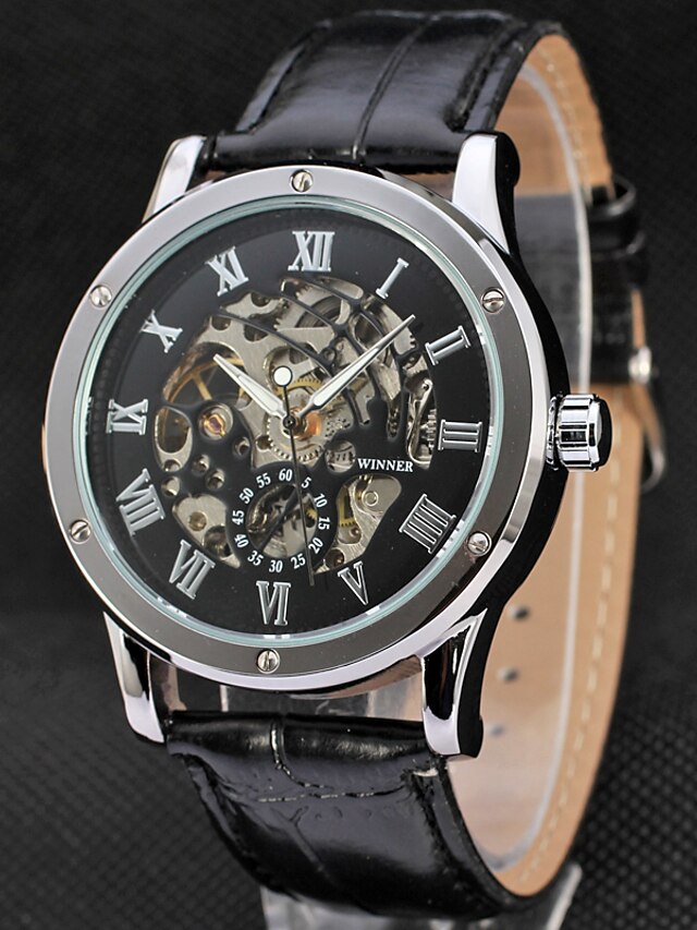  WINNER Herrn Uhr Armbanduhr Mechanische Uhr Automatikaufzug Leder Schwarz 30 m Transparentes Ziffernblatt Analog Luxus Retro Weiß Schwarz / Edelstahl