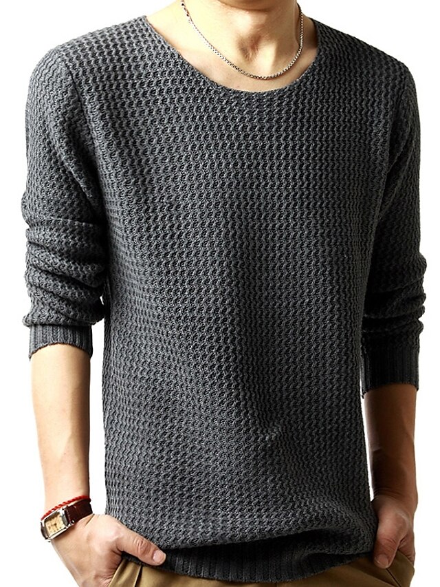  Men's Daily Solid Colored Long Sleeve Regular Pullover Sweater Jumper, Round Neck Spring &  Fall / Winter Black / Light gray / Dark Gray M / L / XL