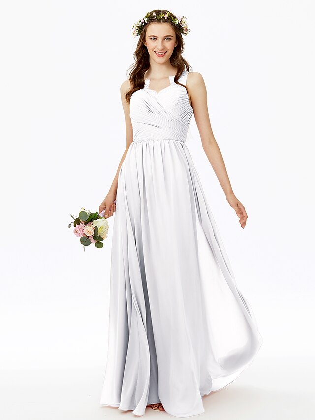  A-Line Bridesmaid Dress V Neck Sleeveless Beautiful Back Floor Length Chiffon with Lace / Criss Cross / Pleats 2022