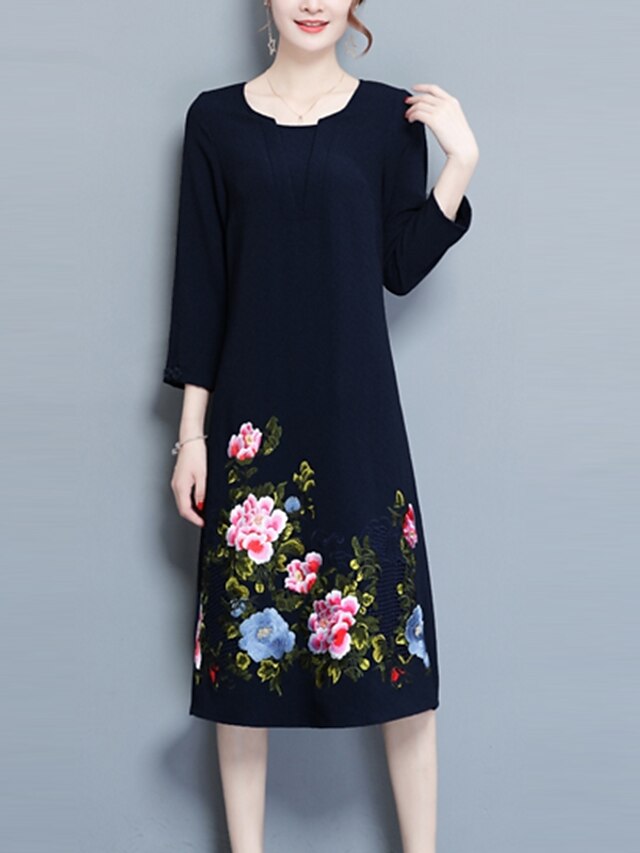  Women's Shift Dress Knee Length Dress Blue 3/4 Length Sleeve Floral Embroidered Fall Spring Round Neck Sophisticated Loose M L XL XXL 3XL 4XL / Plus Size / Plus Size