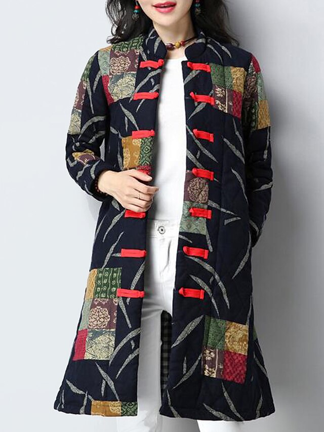  Women's Going out Chinoiserie Print Color Block Padded, Cotton Long Sleeve Black / Red / Navy Blue XXL / XXXL / 4XL