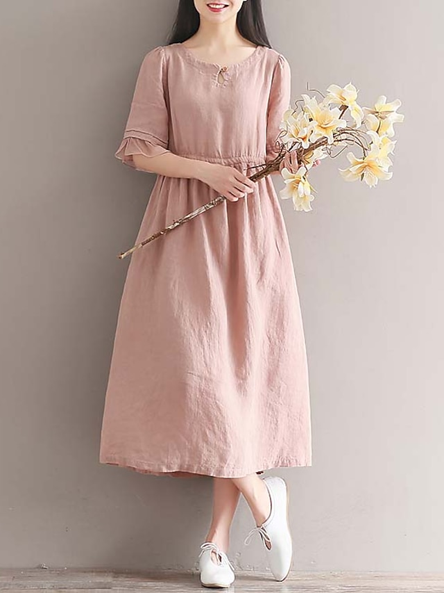  Női A vonalú ruha Midi ruha Arcpír rózsaszín Rövid ujjú Poros Rózsa Egyszínű Nyár Kerek Aktív M L XL XXL / Pamut