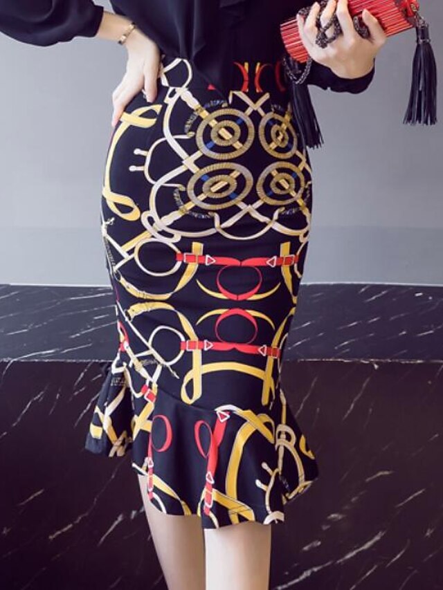  Femme Moulante Trompette / Sirène Midi Polyester Noir Jupes Eté A Volants Taille haute Chic et moderne M L XL