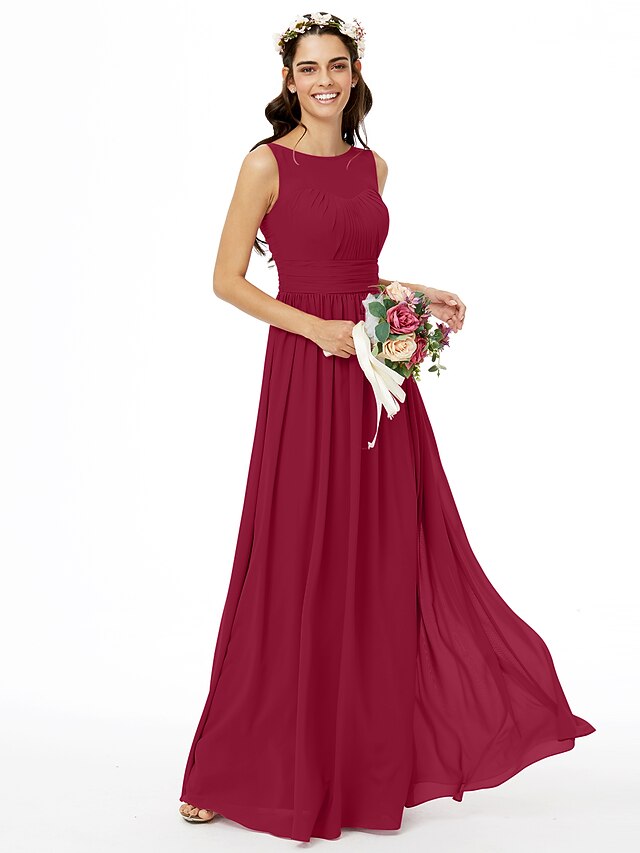 ALine Bridesmaid Dress Jewel Neck Sleeveless Open Back Floor Length Chiffon with Sash / Ribbon