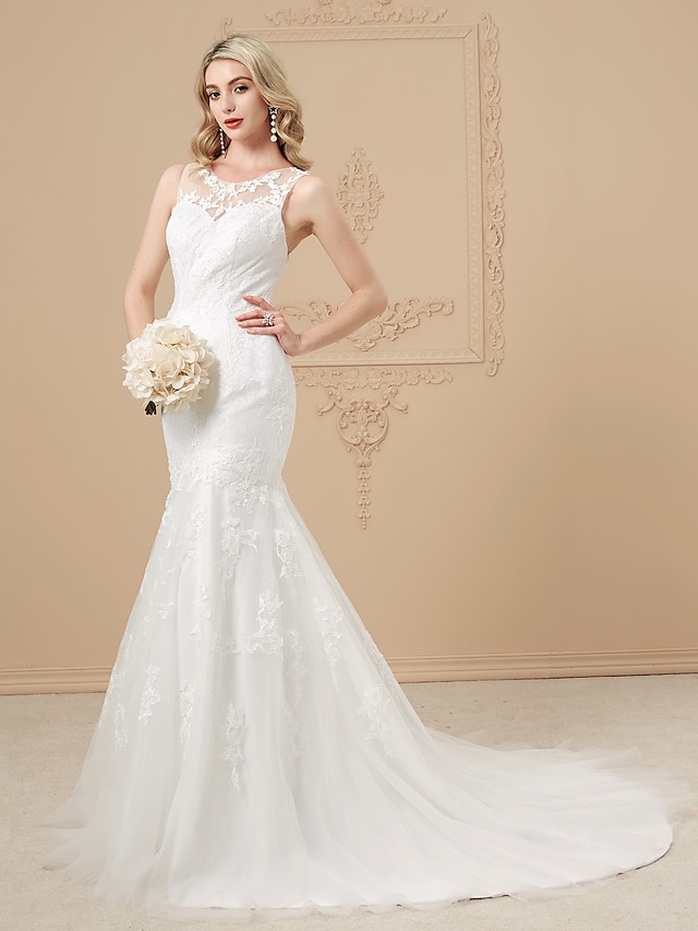  Hall Wedding Dresses Mermaid / Trumpet Illusion Neck Sleeveless Court Train Lace Over Tulle Bridal Gowns With Beading Appliques 2023