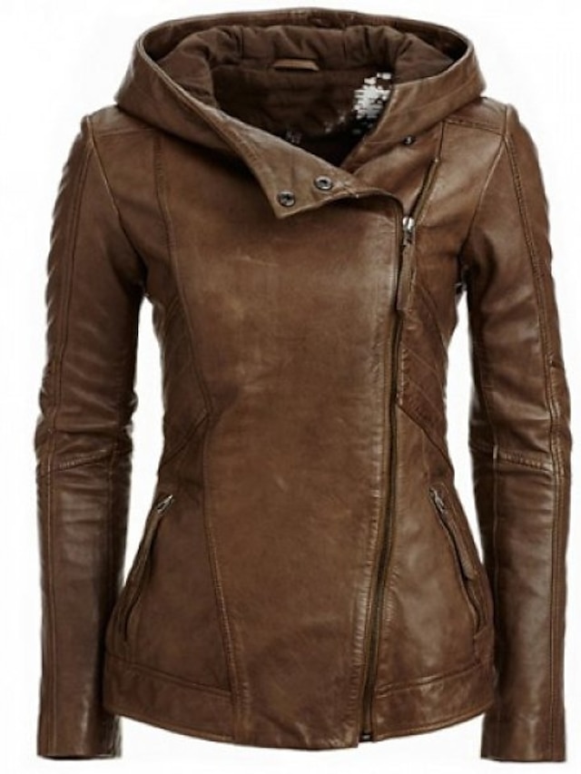  Women's Faux Leather Jacket Daily Fall Winter Short Coat Regular Fit Basic Jacket Long Sleeve Solid Colored Brown