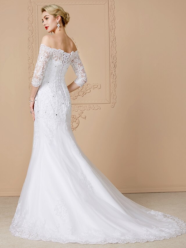  abiti da sposa a sirena/tromba con spalle scoperte strascico in pizzo su tulle manica a 3/4 manica in pizzo floreale con applicazioni di perline